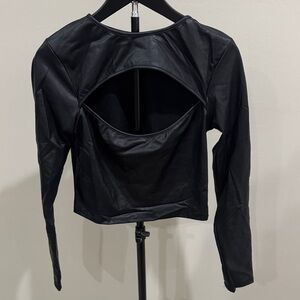 Fashion Nova Black Faux Leather Long Sleeve Crop Top with Back Cutout